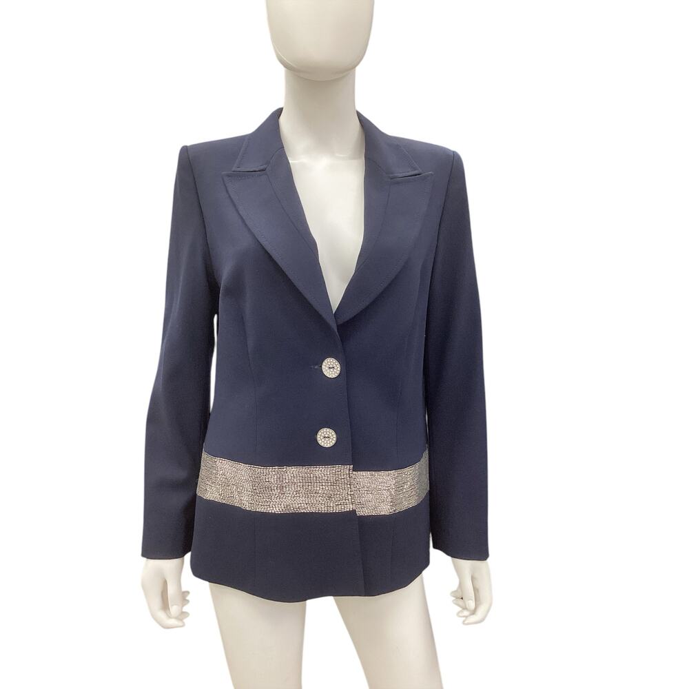 Escada Blazer Women’s Size 12 New Wool Elastane Blend Silver Beads Navy Blue